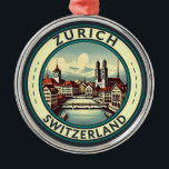 Zurich Switzerland Illustration Travel Art Badge Metal Ornament<br><div class="desc">Zurich retro vector travel design. The picturesque lanes of the central Altstadt (Old Town),  on either side of the Limmat River,  reflect its pre-mediaeval history.</div>