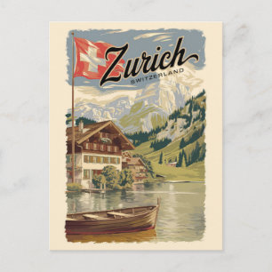 Zurich Switzerland Painterly Travel Art Vintage Postcard