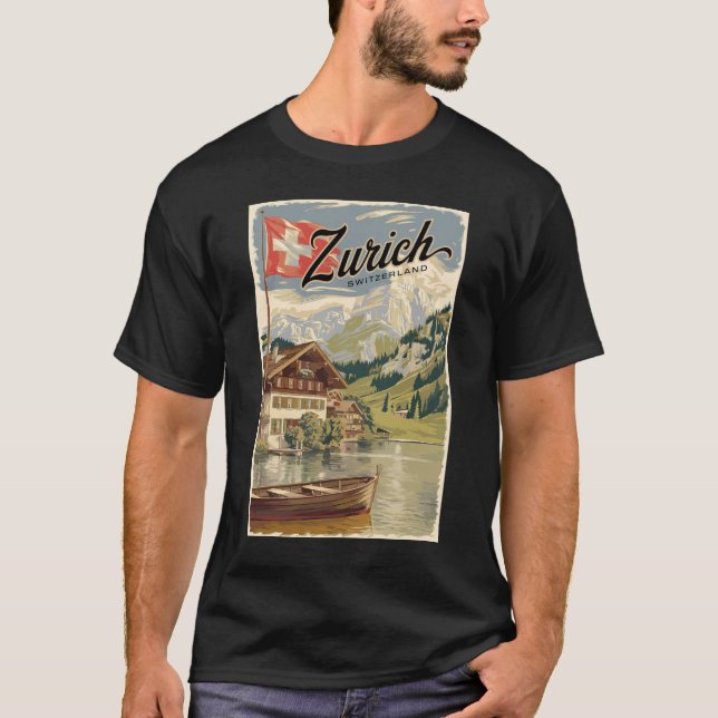 Zurich Switzerland Painterly Travel Art Vintage T-Shirt (Front)