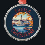 Zurich Switzerland Retro Distressed Circle Metal Ornament<br><div class="desc">Zurich retro vector travel design. The picturesque lanes of the central Altstadt (Old Town),  on either side of the Limmat River,  reflect its pre-mediaeval history.</div>