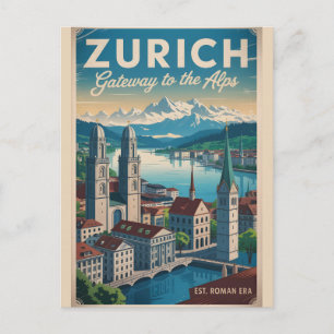 Zurich Switzerland Retro Skyline Cityscape Travel Postcard