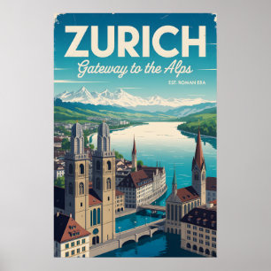 Zurich Switzerland Retro Skyline Cityscape Travel Poster