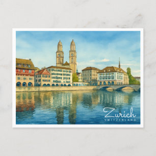 Zurich Switzerland Retro Watercolor Travel Holiday Postcard