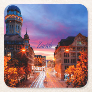 Zurich Switzerland Sunset Square Paper Coaster