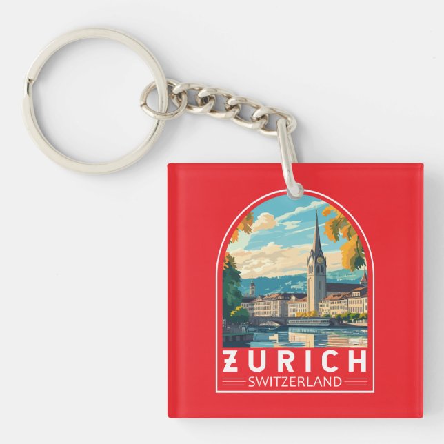 Zurich Switzerland Travel Art Emblem Key Ring (Front)