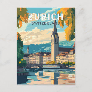 Zurich Switzerland Travel Art Vintage Postcard
