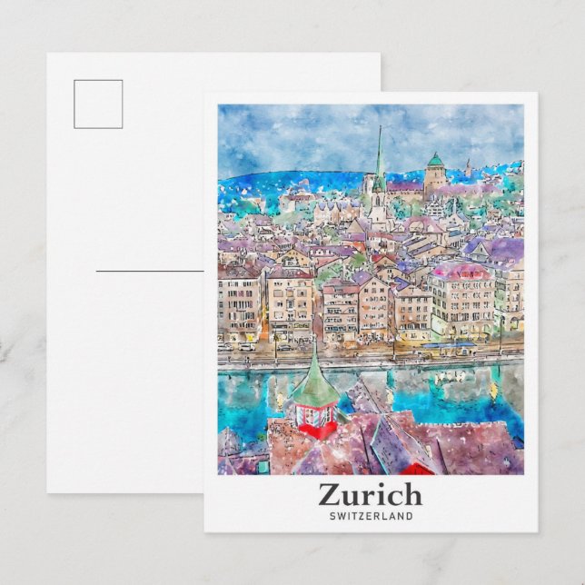 Zurich Switzerland Travel Watercolor Hand Drawn Postcard (Front/Back)