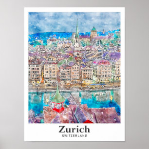 Zurich Switzerland Travel Watercolor Hand Drawn Poster