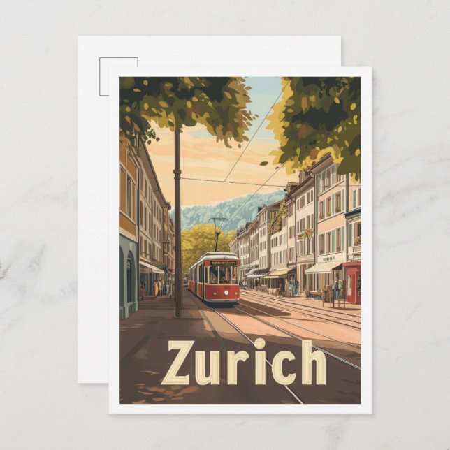 Zurich Switzerland Vintage Travel Illustration Postcard (Front/Back)