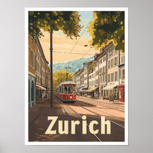 Zurich Switzerland Vintage Travel Illustration Poster
