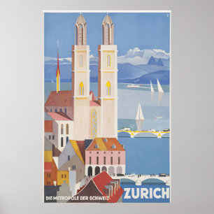 Zurich Switzerland Vintage Travel Poster - Framed