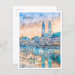 Zurich Switzerland vintage travel watercolor Postcard