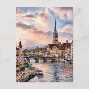 Zurich Switzerland Watercolor Painting Postcard