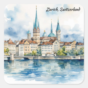 Zurich Switzerland Watercolor Painting Square Sticker