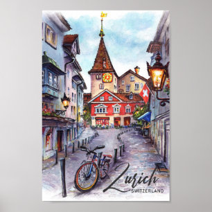 Zurich Switzerland Watercolor Painting Travel Poster