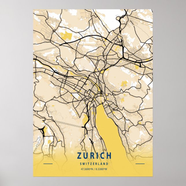 Zurich - Switzerland Yellow City Map Poster (Front)