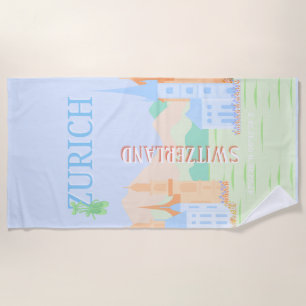 Zurich Travel Art, Switzerland, Blue Retro Travel Beach Towel