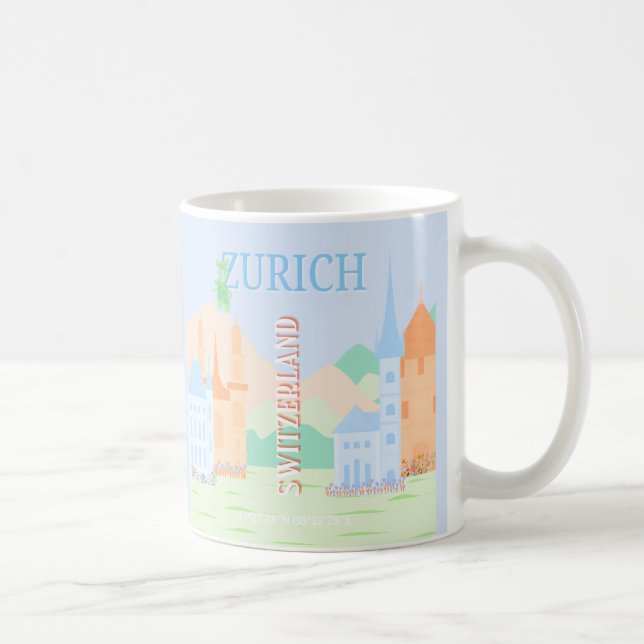 Zurich Travel Art, Switzerland, Blue Retro Travel  Coffee Mug (Right)