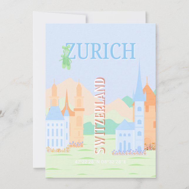 Zurich Travel Art, Switzerland, Blue Retro Travel  Holiday Card (Front)