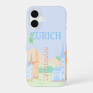 Zurich Travel Art, Switzerland, Blue Retro Travel iPhone 16 Case