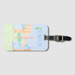 Zurich Travel Art, Switzerland, Blue Retro Travel Luggage Tag