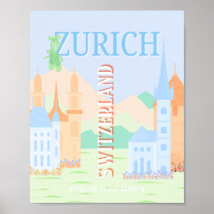 Zurich Travel Art, Switzerland, Blue Retro Travel Poster