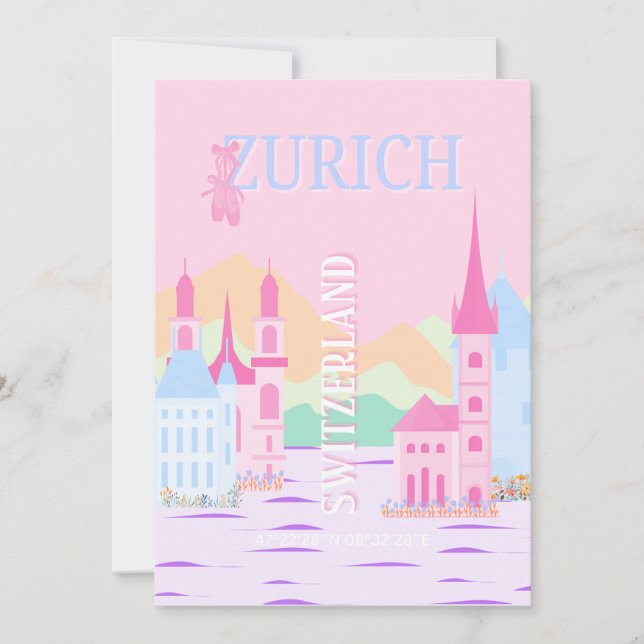 Zurich Travel Art, Switzerland, Pink Preppy  Holiday Card (Front)