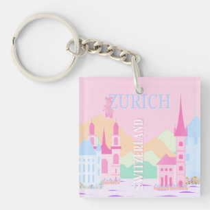 Zurich Travel Art, Switzerland, Pink Preppy  Key Ring