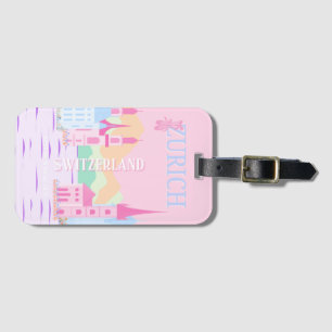 Zurich Travel Art, Switzerland, Pink Preppy Luggage Tag