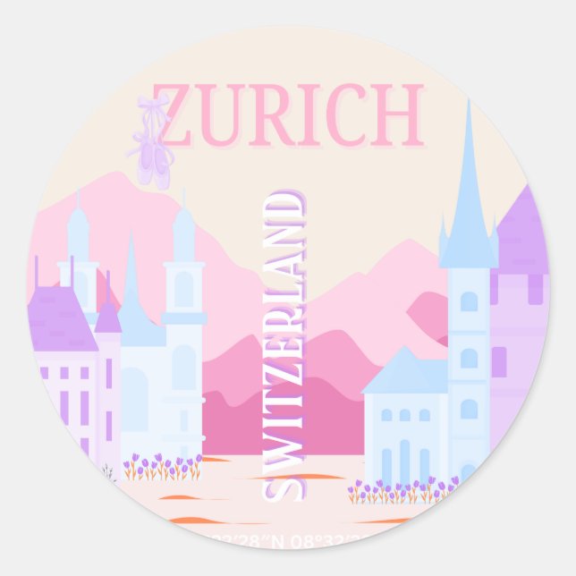 Zurich Travel Art, Switzerland, Pink Preppy Travel Classic Round Sticker (Front)