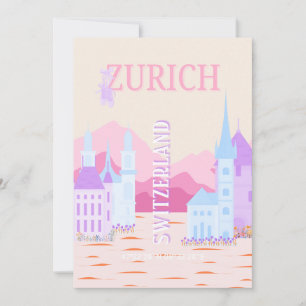 Zurich Travel Art, Switzerland, Pink Preppy Travel Holiday Card