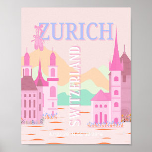 Zurich Travel Art, Switzerland, Pink Retro Travel Poster