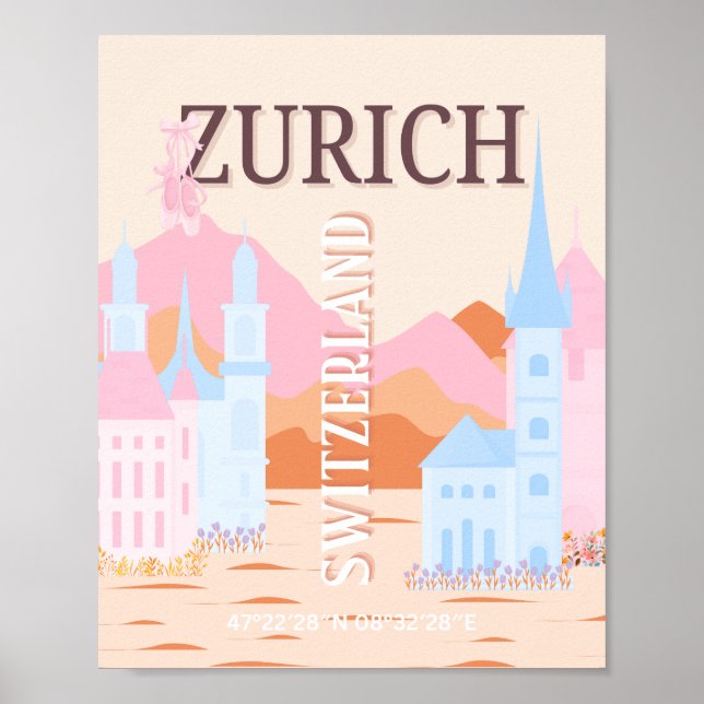 Zurich Travel Art, Switzerland, Retro Travel Art Poster (Front)