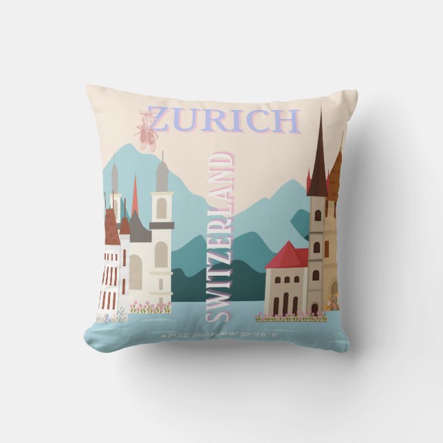 Zurich Travel Art, Switzerland Travel Art, Retro Cushion (Front)