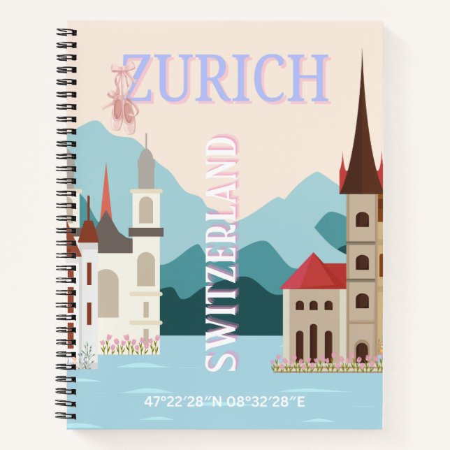 Zurich Travel Art, Switzerland Travel Art, Retro Notebook (Front)