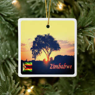 zZW018 ZIMBABWE,  Hwange sunset, Africa, Ceramic Ornament
